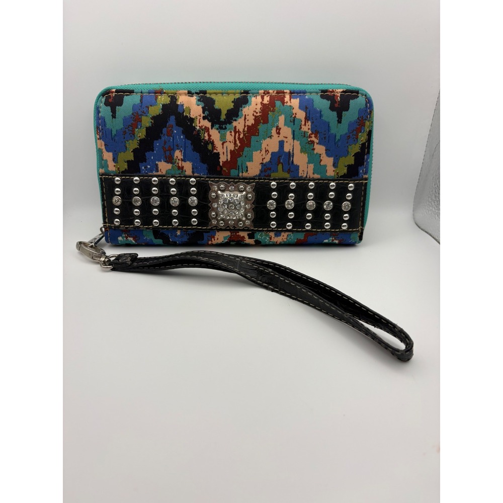 Montana West Aztec Print Wristlet Wallet Blue Turquoise Studded Concho‎